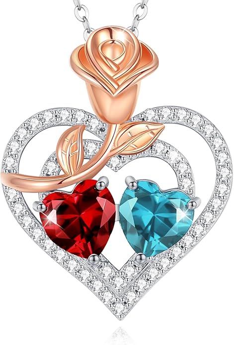 AGVANA Birthstone Necklace for Women Sterling Silver Rose Flower Heart Double Birthstone Jewelry Pendant Necklace Anniversary Birthday Gifts for Women Mom Wife Girlfriend Her