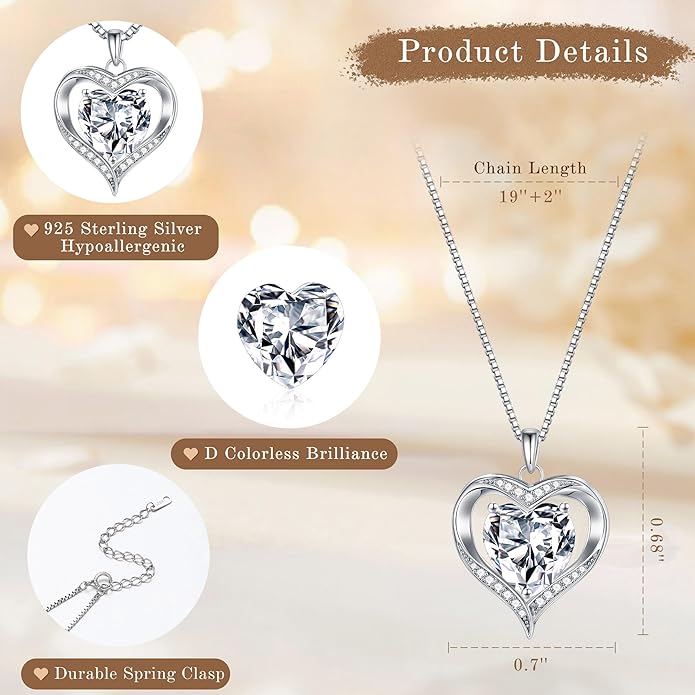 MOOSEA Moissanite Heart Pendant Necklaces for Women, 1-3ct D Color VVS1 925 Sterling Silver Anniversary Birthday Gifts for Women Wife Girlfriend Jewelry Moissanite Necklace