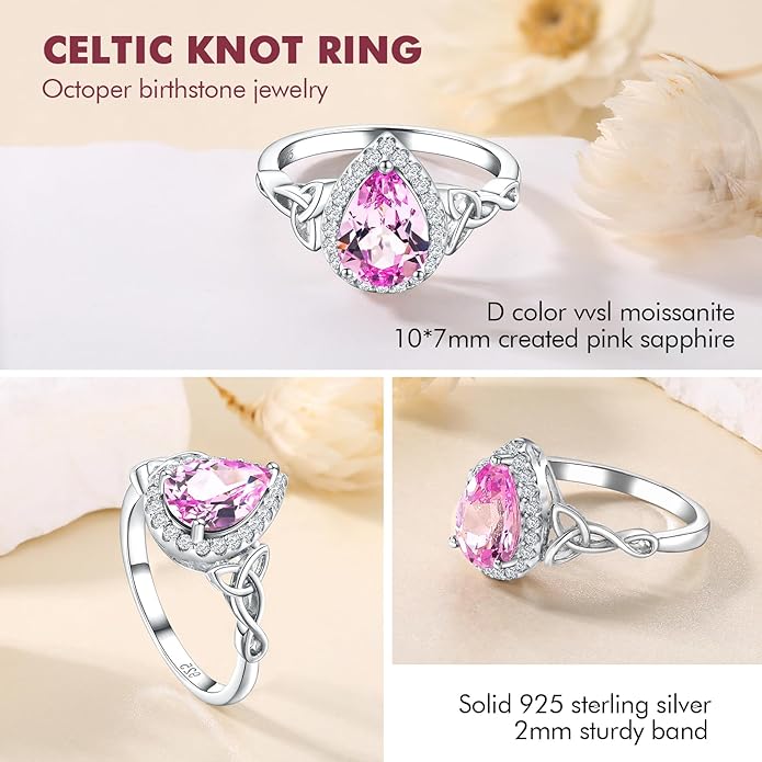 DAYBYDAY Celtic Birthstone Rings for Women 925 Sterling Silver Heart/Round/Pear/Oval Created Gemstone Moissanite Halo Engagement Promise Rings for Her Wife Birthday Anniversary Wedding Jewelry