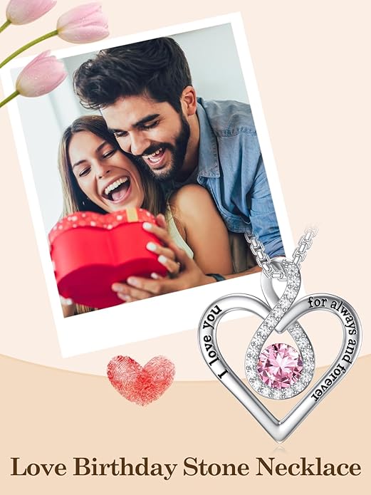 I Love You For Always and Forever Birthstone Necklace Infinity Love Heart Pendant Jewelry Christmas Valentine Mothers Day Birthday Gifts for Women Her Wife Girlfriend
