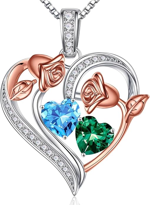 Iefil Birthstone Necklace for Women - 925 Sterling Silver Rose Heart Necklace, Birthstone Jewelry, Anniversary Birthday Gifts for Wife Girlfriend Mom Daughter