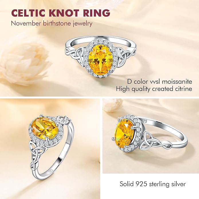 DAYBYDAY Celtic Birthstone Rings for Women 925 Sterling Silver Heart/Round/Pear/Oval Created Gemstone Moissanite Halo Engagement Promise Rings for Her Wife Birthday Anniversary Wedding Jewelry