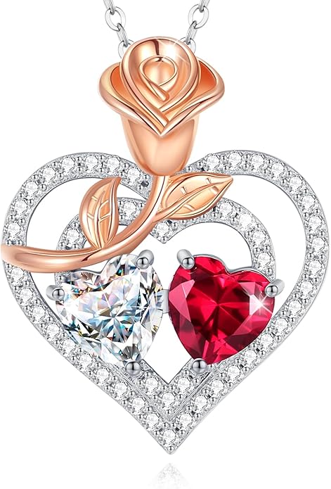 AGVANA Birthstone Necklace for Women Sterling Silver Rose Flower Heart Double Birthstone Jewelry Pendant Necklace Anniversary Birthday Gifts for Women Mom Wife Girlfriend Her