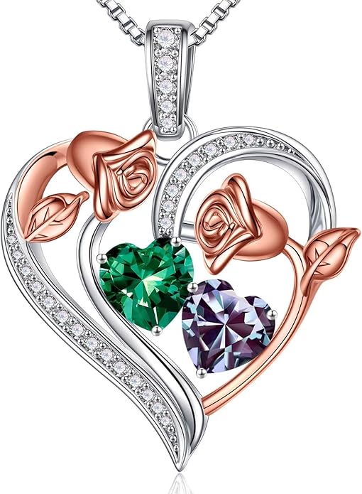 Iefil Birthstone Necklace for Women - 925 Sterling Silver Rose Heart Necklace, Birthstone Jewelry, Anniversary Birthday Gifts for Wife Girlfriend Mom Daughter