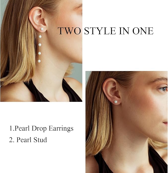Pearl Earrings，4mm 5mm 6mm Gold/Silver Dangle Earrings for Women White Long Drop Pearl Dangling Earrings Bridal Wedding Dainty Prom Earrings Birthday Gifts Jewelry