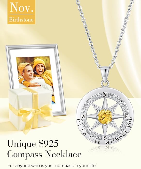 S925 Necklace Gift for Wife |Compass Jewelry |Women Anniversary |Sterling Silver |Girlfriend Birthday Gifts for Her Valentines |I'd be Lost without You |Jewel 18K Gold