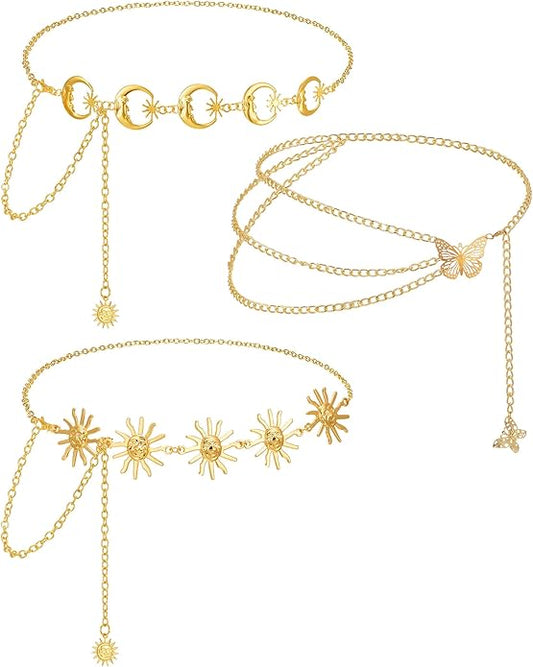 Hicarer 3 Pcs Silver Gold Waist Chain for Body Multi Layer Metal Chain Belts for Women Girls Summer Beach Jewelry Adjustable