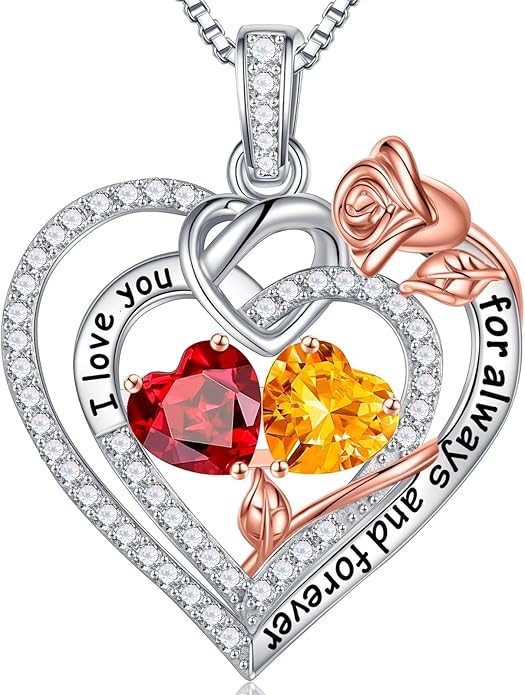 Iefil Rose Heart Necklace Gifts for Wife Women - 925 Sterling Silver Double Birthstone Necklace, Anniversary Birthday Gifts for Women, Jewelry Gift for Wife Girlfriend Mom Her