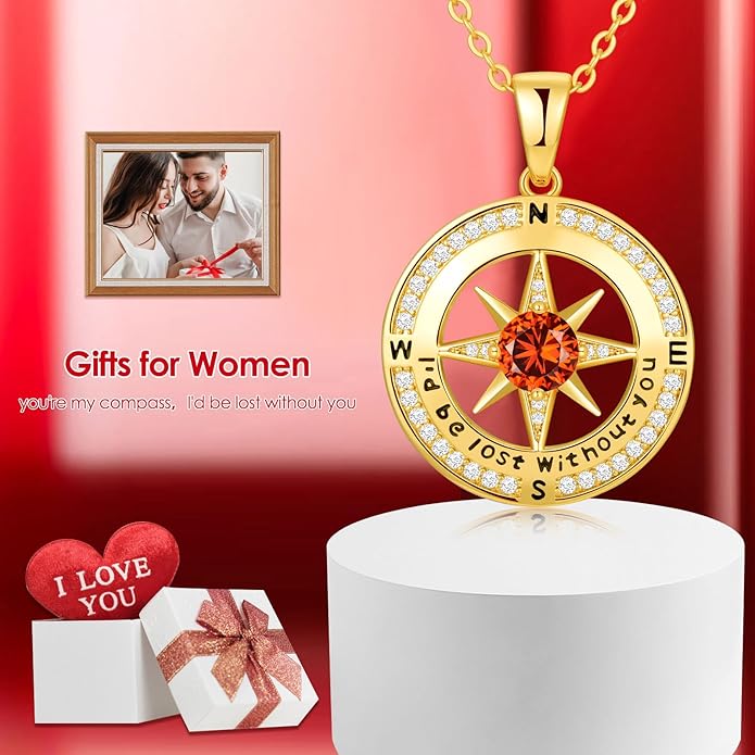 Compass Necklace Gifts for Women wife - S925 Sterling Silver Birthstone Necklaces for Women - Anniversary Birthday Gifts for Her Wife Girlfriend - Valentines Mom Mothers Day Christmas Gifts Jewelry for Women