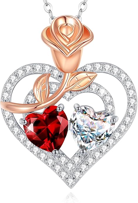 AGVANA Birthstone Necklace for Women Sterling Silver Rose Flower Heart Double Birthstone Jewelry Pendant Necklace Anniversary Birthday Gifts for Women Mom Wife Girlfriend Her