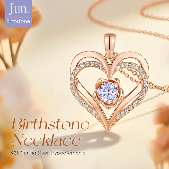 CDE S925 Silver Rose Gold Heart Birthstone Necklaces for Women，Ideal Anniversary or Birthday Jewelry Gifts for Wife Girlfriend Her