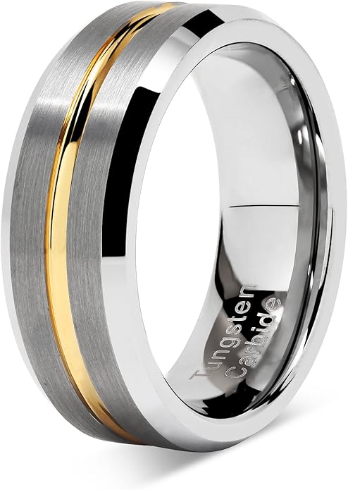100S JEWELRY Tungsten Rings for Men Two Tone Silver Wedding Bands Gold Grooved Matte Finish Size 6-16