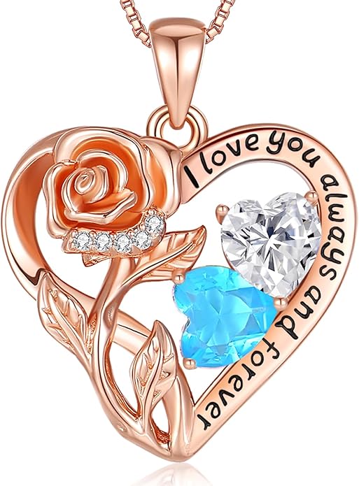 925 Sterling Silver Double Birthstone Rose Flower Heart Jewelry Necklaces for Women Anniversary Love Forever Necklaces for Her Birthday Gifts for Wife Girlfriend Mom Mothers Day Rose Gold