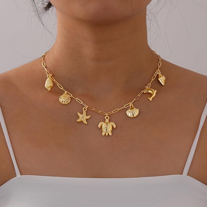 Charm Necklace for Women, 14K Gold Plated Shell Sun Starfish Summer Beach Necklace 16+3" Paperclip Chain Jewelry Gifts