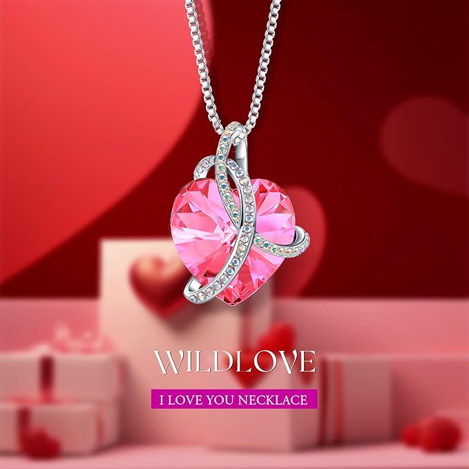 WILDLOVE Preserved Real Pink Rose with Heart Necklace, Forever Flowers Gifts for Mom Grandma Wife Girlfriend at Christmas, Valentines, Mothers Day, Anniversary or Birthday Gifts for Women