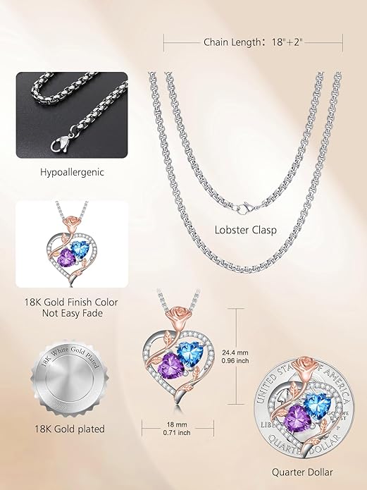 Jewelry for Her Double Heart Rose Birthstone Pendant Necklace Anniversary Jewelry Christmas Birthday Gifts for Women Wife Girlfriend