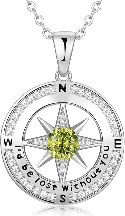 Compass Necklace Gifts for Women wife - S925 Sterling Silver Birthstone Necklaces for Women - Anniversary Birthday Gifts for Her Wife Girlfriend - Valentines Mom Mothers Day Christmas Gifts Jewelry for Women