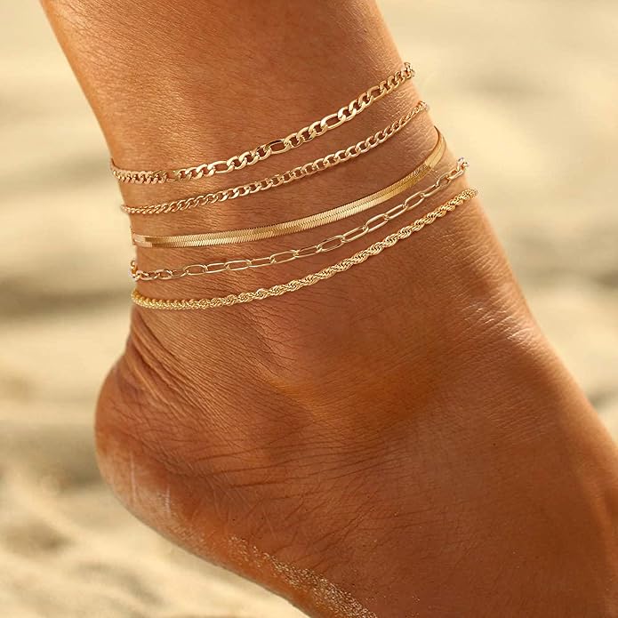 Ritach Ankle Bracelets for Women - Stainless Steel Silver/Gold Anklets for Women Waterproof Layered Cuban Link Figaro Chain Heart Anklets Set Summer Beach Jewelry Gifts