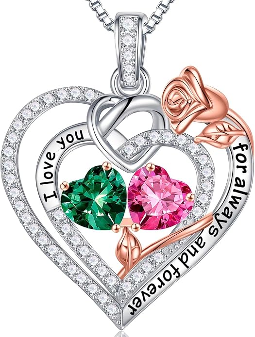 Iefil Rose Heart Necklace Gifts for Wife Women - 925 Sterling Silver Double Birthstone Necklace, Anniversary Birthday Gifts for Women, Jewelry Gift for Wife Girlfriend Mom Her
