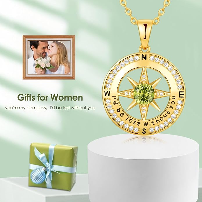 Compass Necklace Gifts for Women wife - S925 Sterling Silver Birthstone Necklaces for Women - Anniversary Birthday Gifts for Her Wife Girlfriend - Valentines Mom Mothers Day Christmas Gifts Jewelry for Women