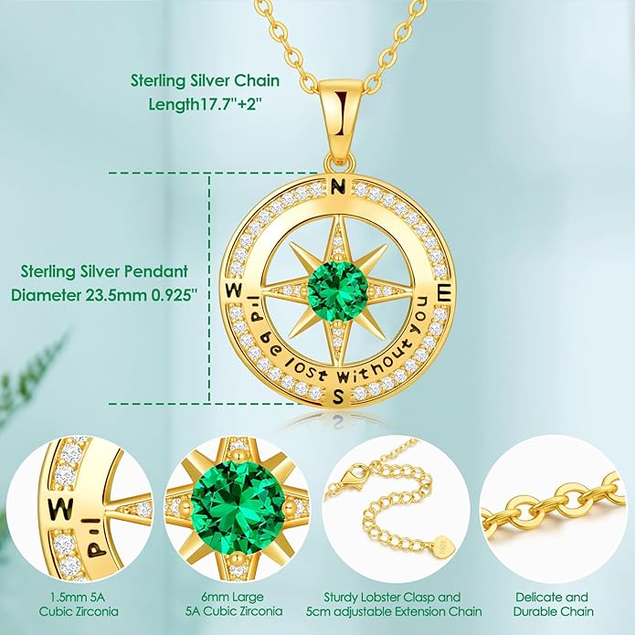Compass Necklace Gifts for Women wife - S925 Sterling Silver Birthstone Necklaces for Women - Anniversary Birthday Gifts for Her Wife Girlfriend - Valentines Mom Mothers Day Christmas Gifts Jewelry for Women