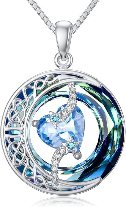 TOUPOP Birthstone Necklace 925 Sterling Silver Moon and Star Pendant with Blue Crystal Celtic Moon Jewelry Birthday Christmas Gifts for Women Mom Wife Her Daughter