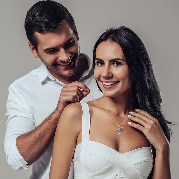 Rose Gold Birthstone Necklaces Heart Birthstone Pendant Necklaces For Women Valentine's Day Mother's Day Anniversary Christmas Gifts