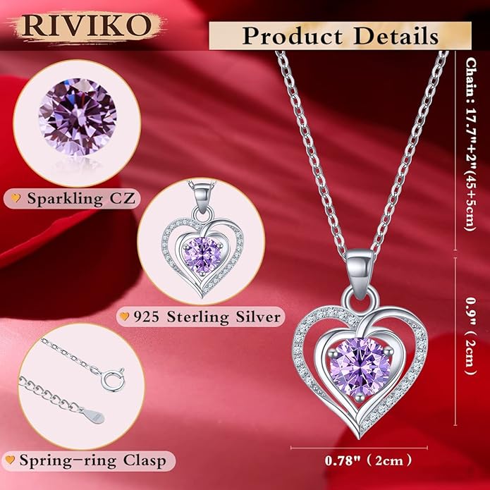 RIVIKO Heart Birthstone Pendant Necklace for Women 925 Sterling Silver Zirconia Necklaces Wedding Anniversary Birthday Mothers Day Jewelry Gifts For Her Mother Wife