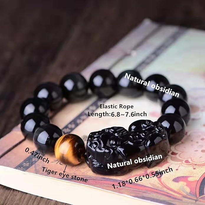 Black Obsidian Bracelet,Feng Shui Black Obsidian Wealth Bracelet for Women Men Stretch Obsidian Bracelet Bangle with Pixiu Tiger Eye Stone Attract Wealth Money and Good Luck