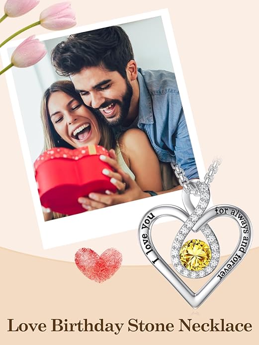 I Love You For Always and Forever Birthstone Necklace Infinity Love Heart Pendant Jewelry Christmas Valentine Mothers Day Birthday Gifts for Women Her Wife Girlfriend