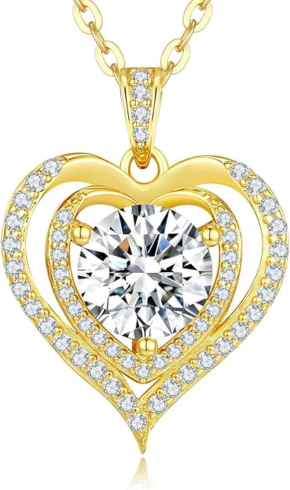 Moissanite Necklace for Women,1-2 Carat Heart Necklace Pendant Engraved with 'I LOVE YOU', 18K Gold Plated S925 Silver Jewelry Anniversary Birthday Gift for Girlfriend Wife Mom
