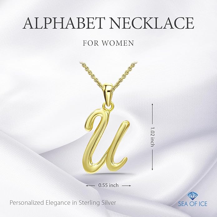 SEA OF ICE Letter Initial Necklace, Alphabet Letter Pendant Necklace, Sterling Silver, Gold, Rose Gold Necklace for Women, Elegant Initial Necklaces, Personalized Custom Women's Necklaces