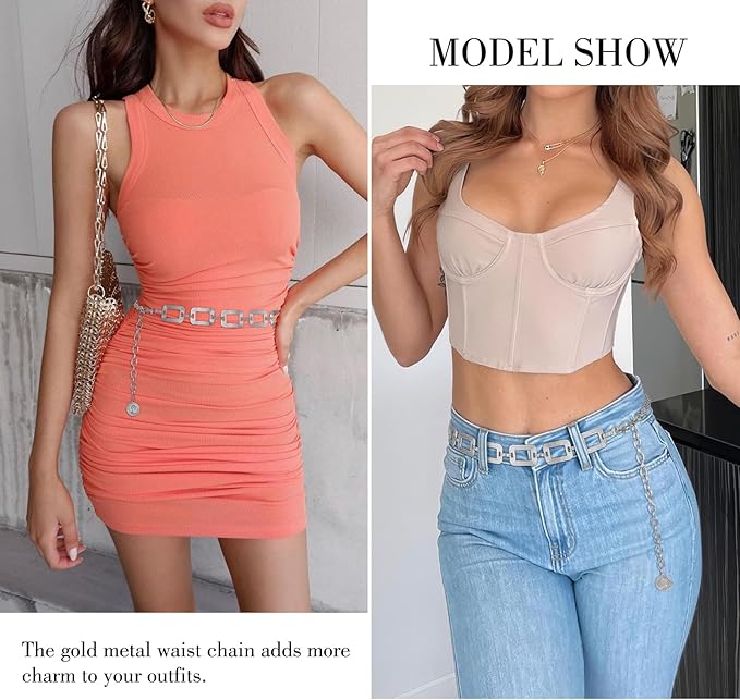 WHIPPY Metal Waist Chain Belt Women Adjustable Body Link Belts Ladies Fashion Chain for Jeans Dress