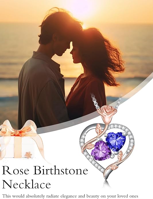 Jewelry for Her Double Heart Rose Birthstone Pendant Necklace Anniversary Jewelry Christmas Birthday Gifts for Women Wife Girlfriend
