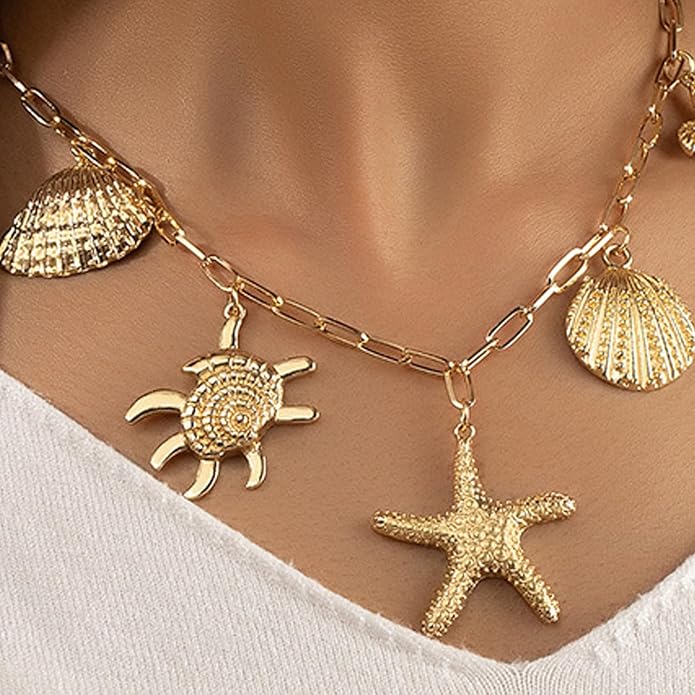 Choistily Charm Necklace Dainty Gold Western Outfit Beach Jewelry for Women Trendy Cowgirl Accessories for Women Gold Bow Sea Shell Pendant Necklace Preppy Stuff Summer Jewelry 2025