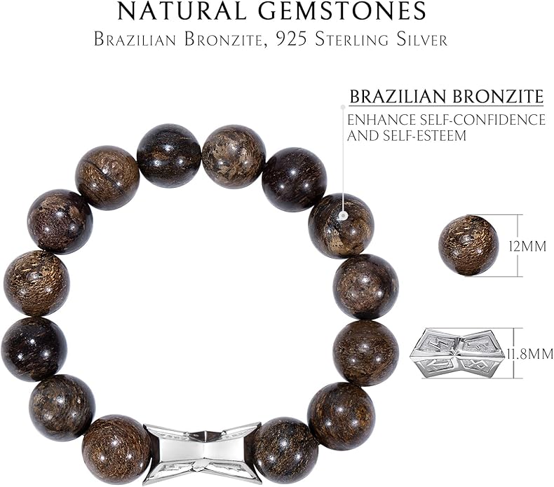 AWNL® Men's Beaded Bracelet with Sterling Silver Engraved Runes Charm 12mm Bronzite Dumortierite Obsidian Natural Gemstone Gift for Men, 6.1''-7.9''