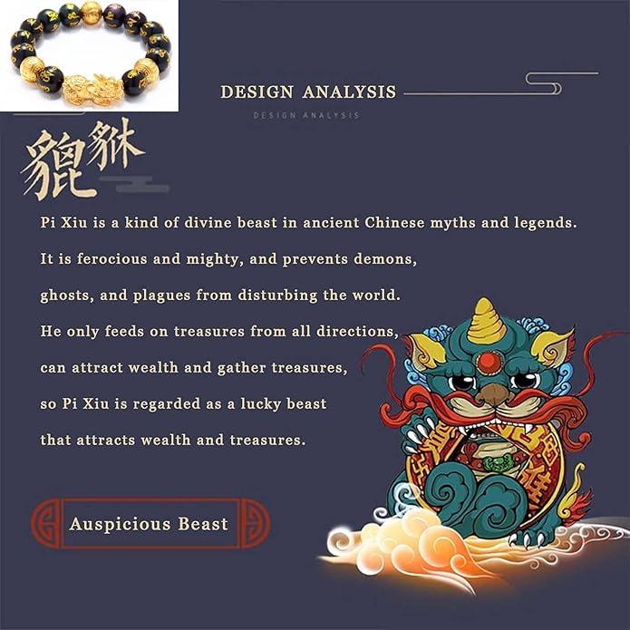 Feng Shui Bracelet 24K Gold Plated PiXiu Bracelet, Obsidian Dragon Protection Meditation Decompression Prayer Beads Lucky Wealth Bracelets for Men Women