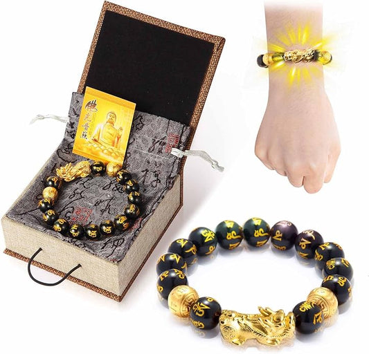 Feng Shui Bracelet 24K Gold Plated PiXiu, Colored Eyes Obsidian Dragon Protection Bracelet Meditation Decompression Prayer Beads Lucky Wealth Bracelets for Men Women(12mm)
