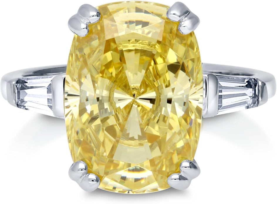 BERRICLE Sterling Silver CZ 3-Stone Solitaire Wedding Engagement Rings for Women, Cubic Zirconia Ring - Asscher, Cushion, Emerald, Pear, Round Cut - Canary Yellow, Green, Amethyst Purple Colors