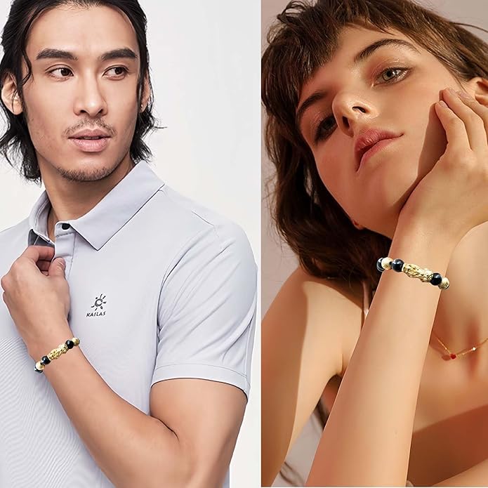 24K Gold Plated PiXiu Dragon Bracelet Feng Shui Bracelet, Obsidian Bracelet Dragon Protection for Men Women, Meditation Prayer Beads Bracelets Meaning to Attract Wealth and Good Luck(12mm)