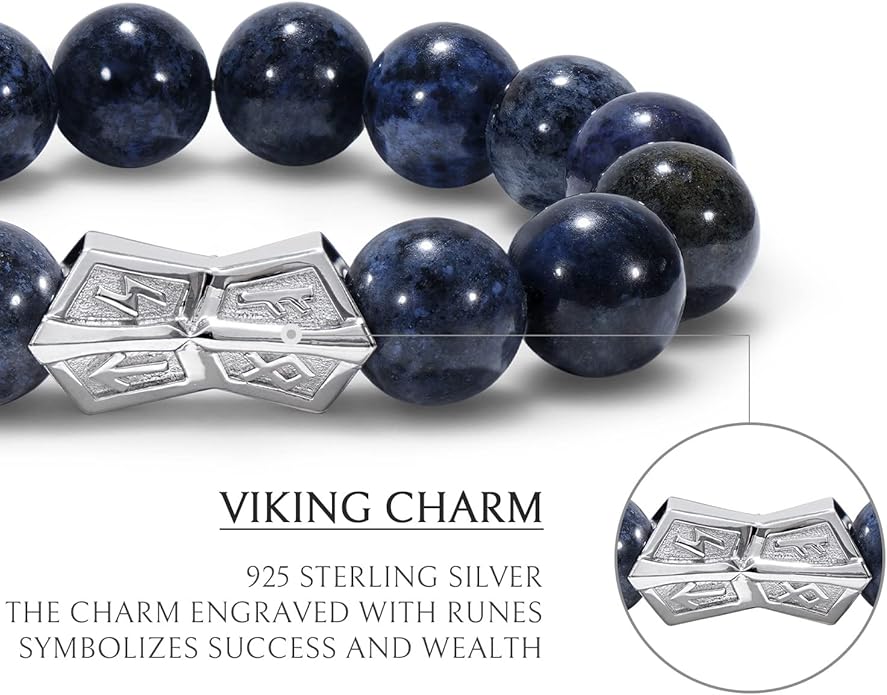 AWNL® Men's Beaded Bracelet with Sterling Silver Engraved Runes Charm 12mm Bronzite Dumortierite Obsidian Natural Gemstone Gift for Men, 6.1''-7.9''