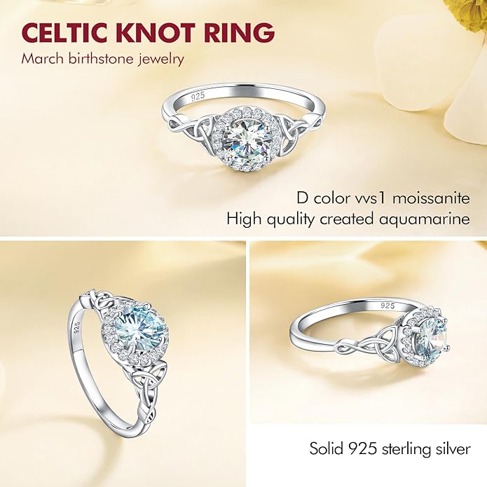 DAYBYDAY Celtic Birthstone Rings for Women 925 Sterling Silver Heart/Round/Pear/Oval Created Gemstone Moissanite Halo Engagement Promise Rings for Her Wife Birthday Anniversary Wedding Jewelry