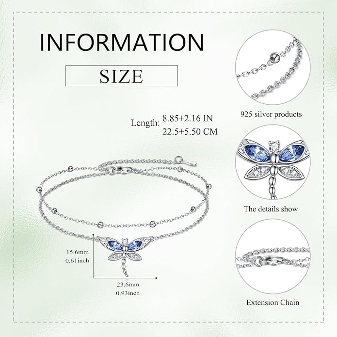 TIGER RIDER Dragonfly Anklet Sterling Silver Dragonfly Gifts Jewelry for Women with Crystal Birthday Anniversary