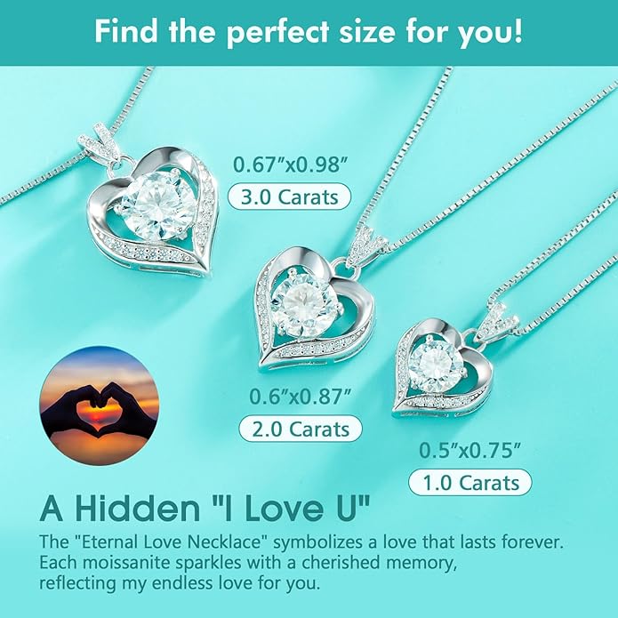 Moissanite Heart Necklace for Women, Engraved 'I Love You', 925 Sterling Silver, 1-3 Carat D Color VVS1 Synthetic Diamond Heart Pendant, Birthday Anniversary Wedding Gift for Wife Girlfriend Mom