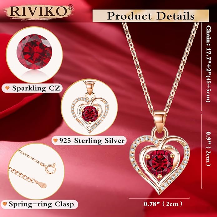 RIVIKO Heart Birthstone Pendant Necklace for Women 925 Sterling Silver Zirconia Necklaces Wedding Anniversary Birthday Mothers Day Jewelry Gifts For Her Mother Wife