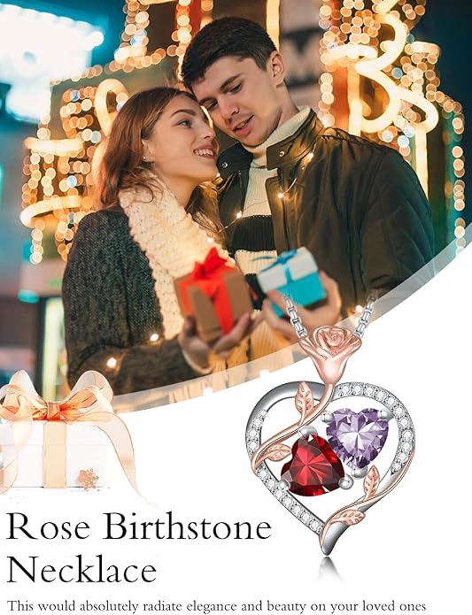 Jewelry for Her Double Heart Rose Birthstone Pendant Necklace Anniversary Jewelry Christmas Birthday Gifts for Women Wife Girlfriend