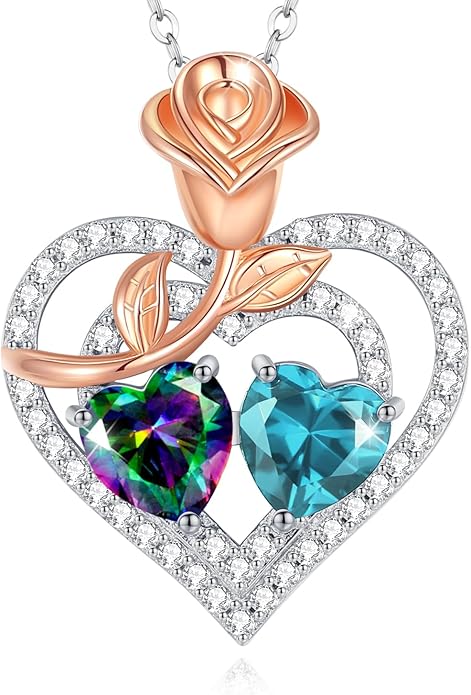 AGVANA Birthstone Necklace for Women Sterling Silver Rose Flower Heart Double Birthstone Jewelry Pendant Necklace Anniversary Birthday Gifts for Women Mom Wife Girlfriend Her