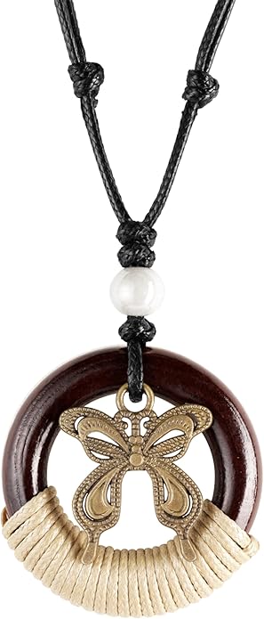 MINACHI Ethnic Boho Chic Double Wooden Ring Circle Necklace, Vintage Bohemian Summer Statement Jewelry Gift for Women