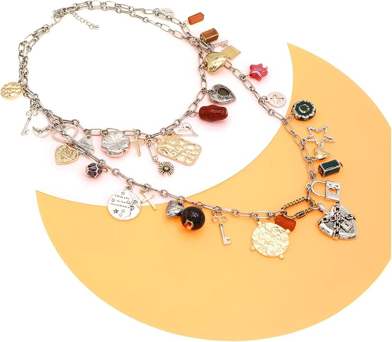 Chunky Retro Heart Necklace for Women Antique Layer Beach Ocean Moon Stars Western Boho Charm Necklaces Retro Link Chain Jewelry