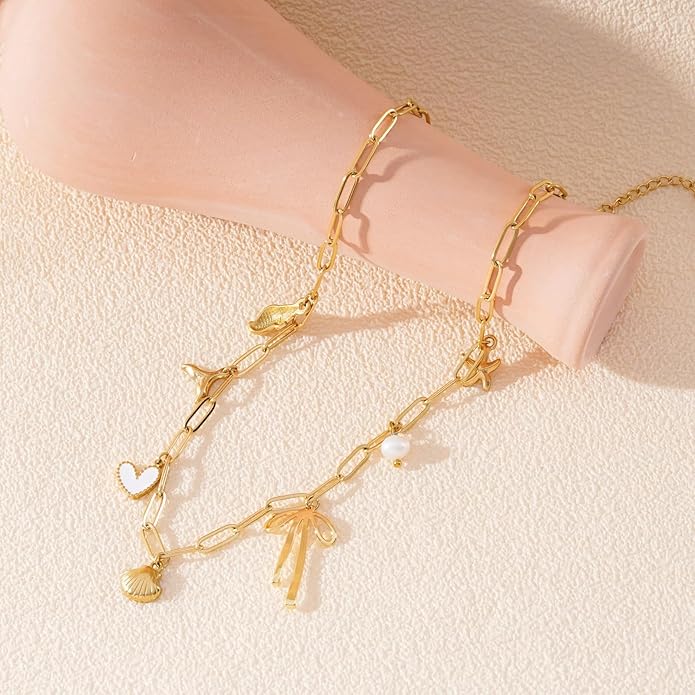 Charm Necklace for Women 14K Gold Plated Shell Cowgirl Boot Horseshoe Bow Heart Pendant Necklace Beach Western Jewelry